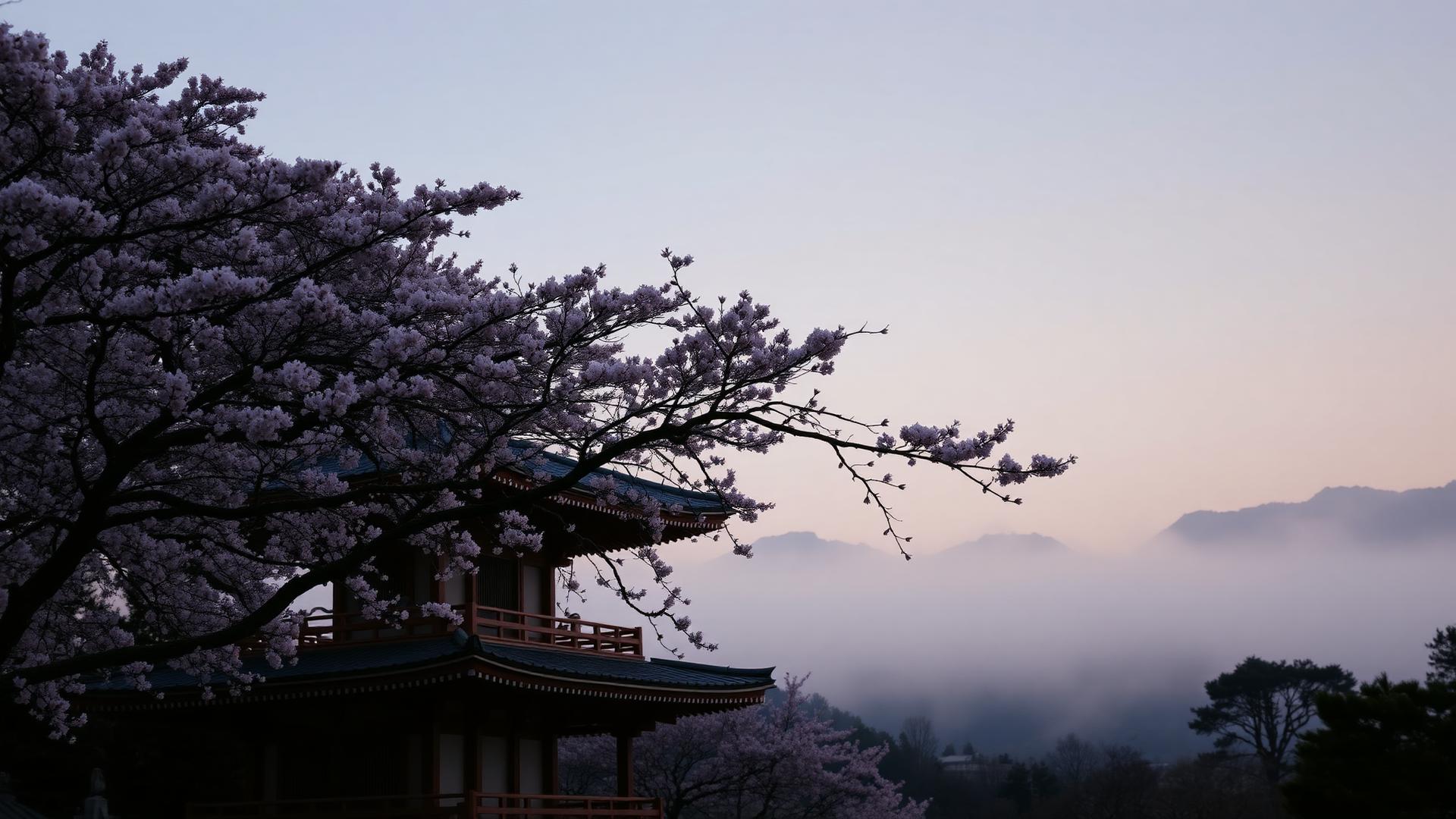 Templo japonês entre cerejeiras em flor ao amanhecer