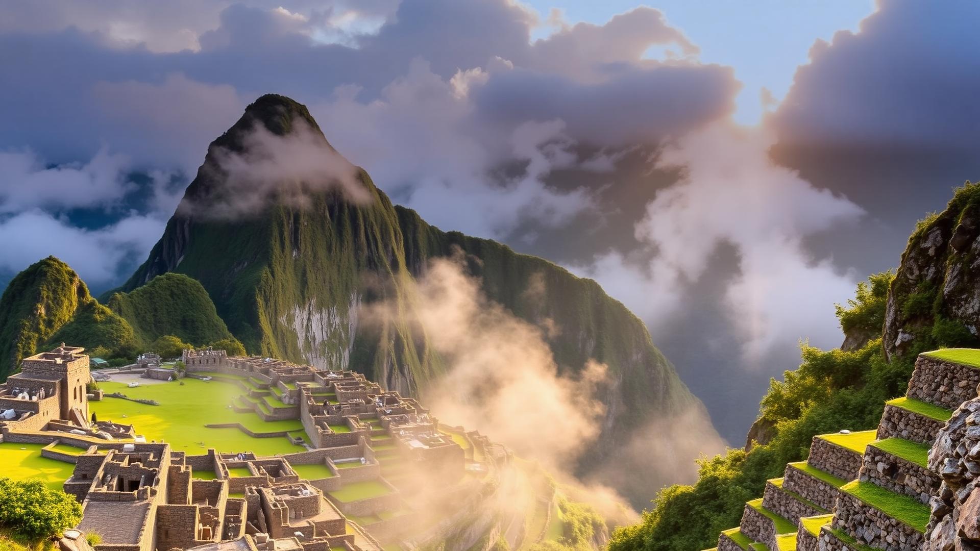Machu Picchu ao amanhecer entre montanhas com neblina