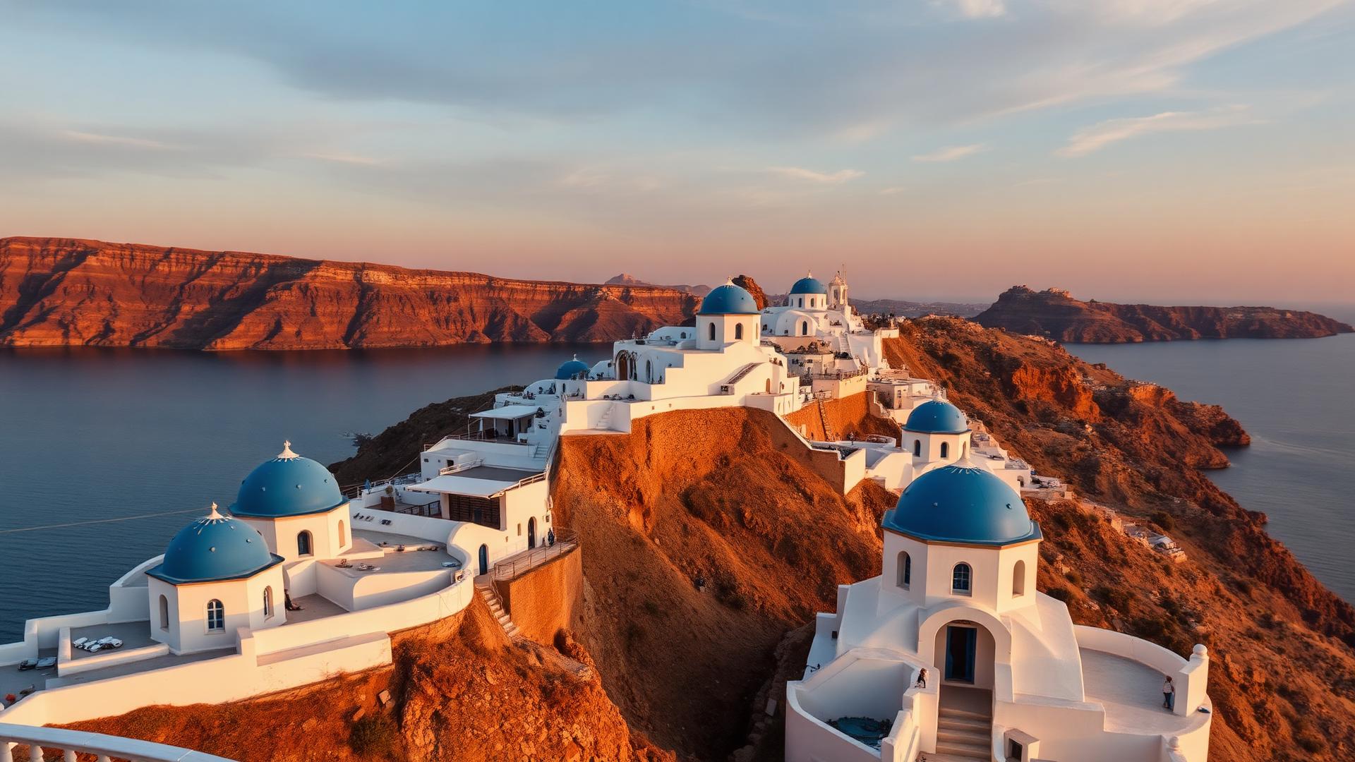 Aldeia branca de Santorini sobre a caldeira ao pôr do sol