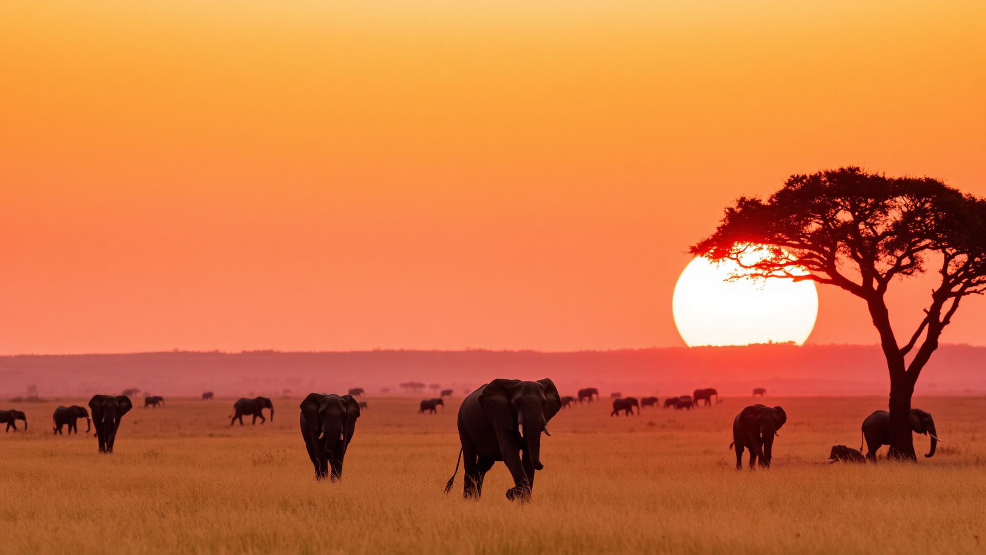 Elefantes na savana do Serengeti ao nascer do sol