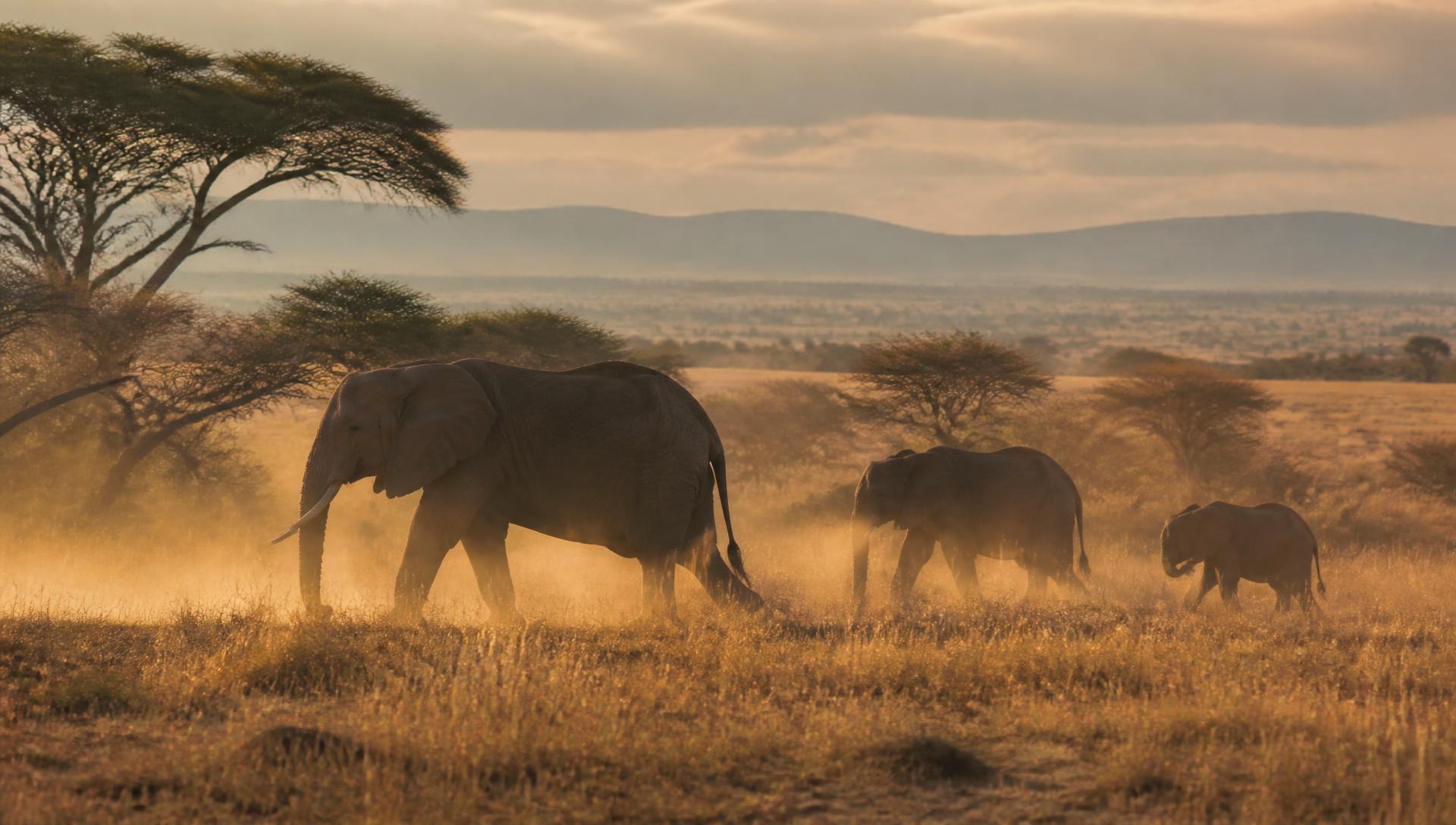 Elefantes na savana do Serengeti ao nascer do sol